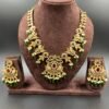 Gold-toned peacock antique necklace with red, green stones and pearls