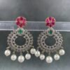 Pearl drop earrings with pink floral design and five lustrous pearls for Indian women