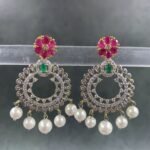 Pearl drop earrings with pink floral design and five lustrous pearls for Indian women