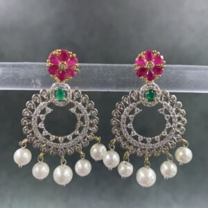 Pearl drop earrings with pink floral design and five lustrous pearls for Indian women