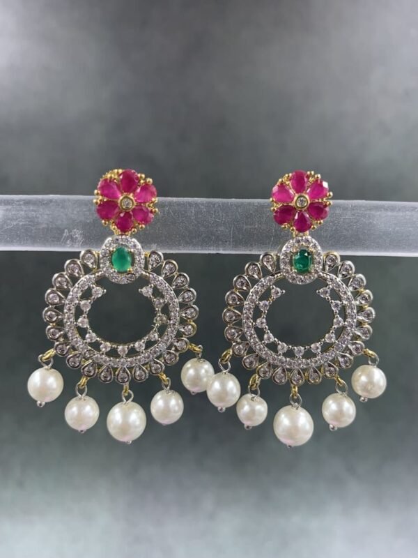 Pearl drop earrings with pink floral design and five lustrous pearls for Indian women