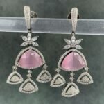 Pink stone earrings with floral motif and diamond hook