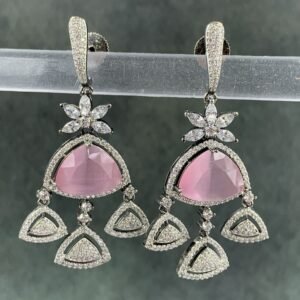 Pink stone earrings with floral motif and diamond hook