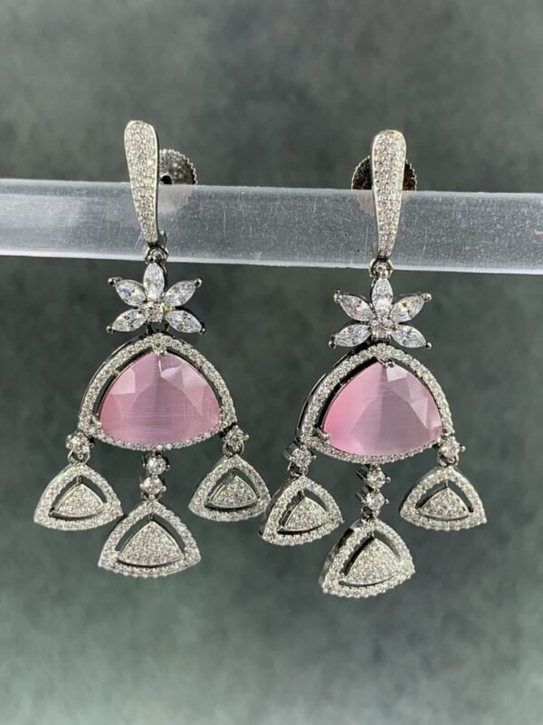 Pink stone earrings with floral motif and diamond hook