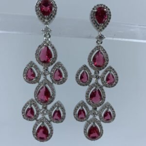 Elegant chandelier earrings with cascading fuchsia pear-shaped gemstones and crystal halo settings