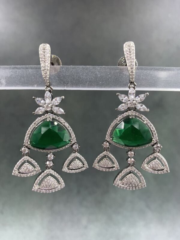 Elegant green chandelier earrings with floral top and sparkling stones