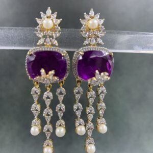 Statement drop earrings with pearl drops, purple gemstone, and floral stud