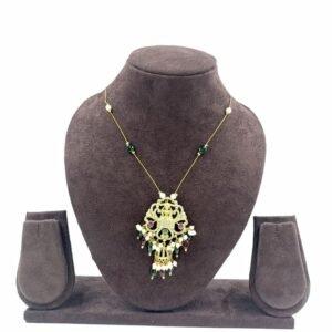 Gold-toned traditional pendant necklace with green beads and ornate central pendant